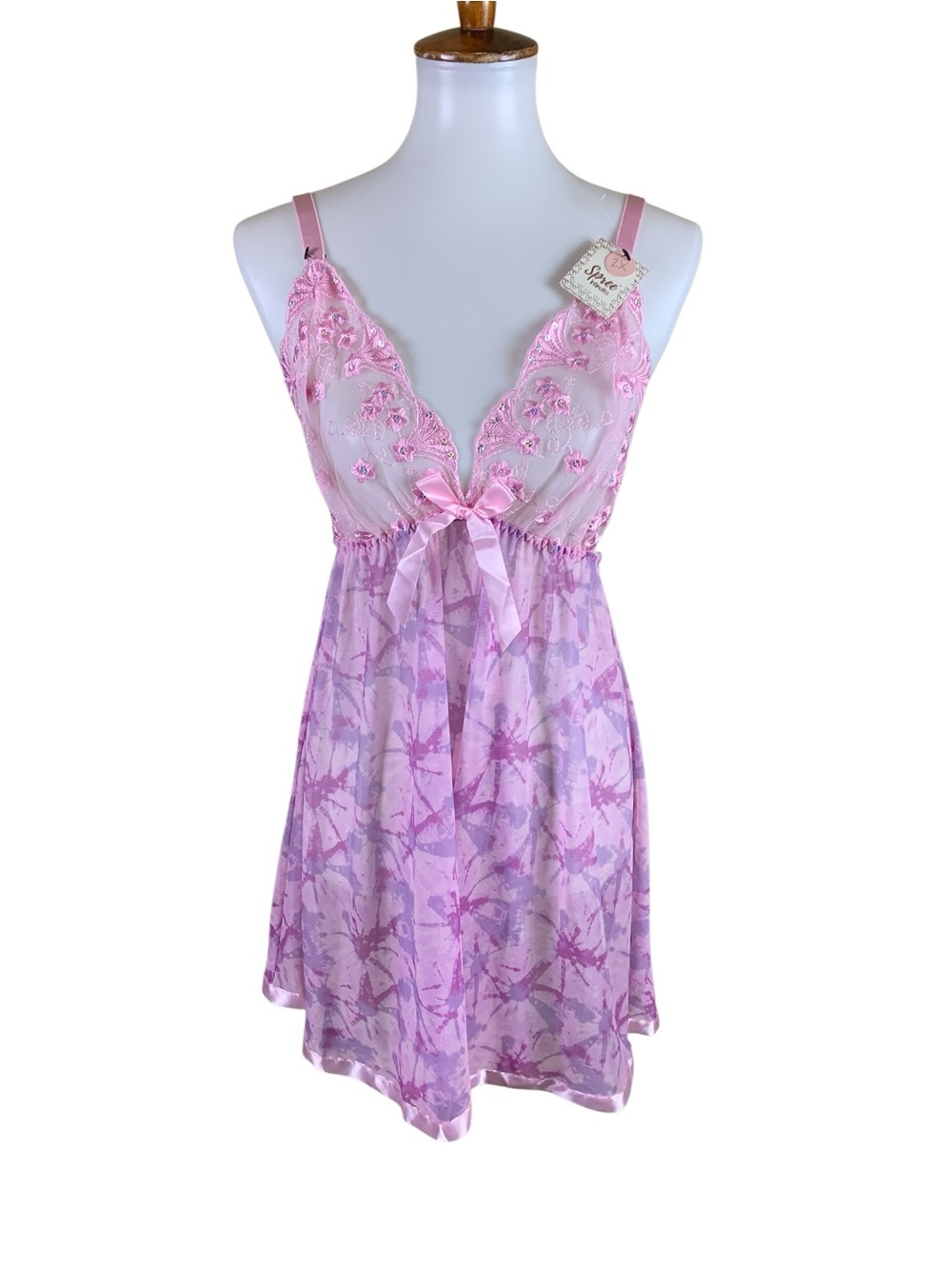 Spree Intimates Pink Floral Lace Rhinestone Babydoll Lingerie 2X NWT Y2K